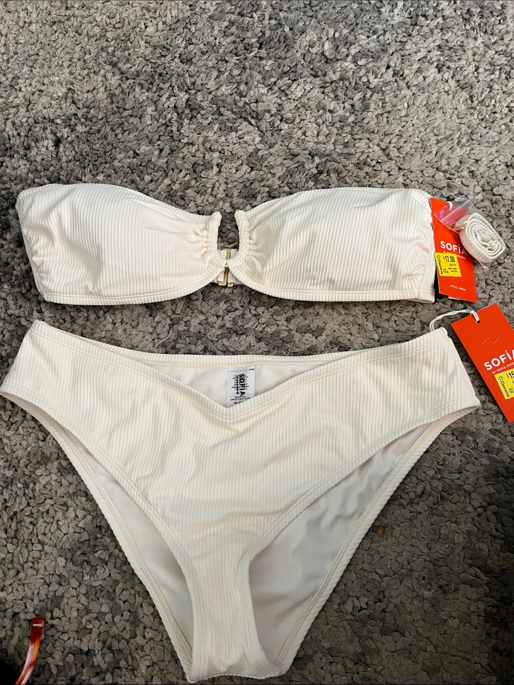 sofia by sofia vergara Cream Ribbed Bandeau Bikini